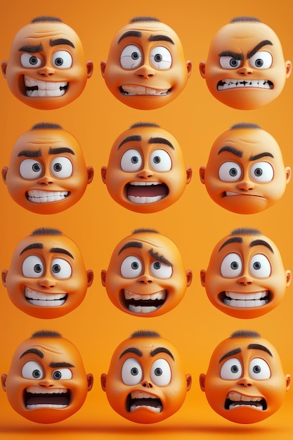 Foto un grupo de emojis redondos amarillos con expresiones faciales divertidas en un fondo amarillo ilustración 3d