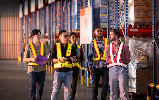 Foto un grupo de empleados del almacén inspecciona los productos en las estanterías del almacèn y los envía al minorista