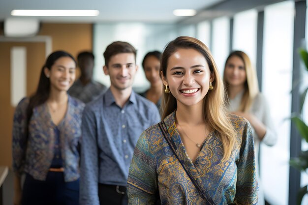 Un grupo de empleados del equipo de ventas con fondo de oficina de sonrisa batik