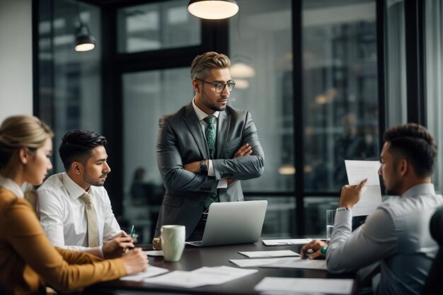 Un grupo de empleados están teniendo una conversación en la sala de reuniones