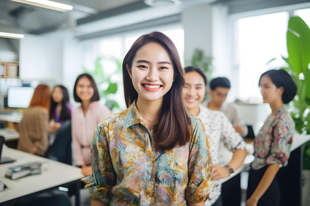 Un grupo de empleados con fondo de oficina de sonrisa batik