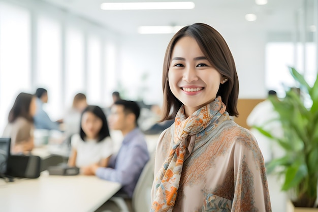 Un grupo de empleados con fondo de oficina de sonrisa batik