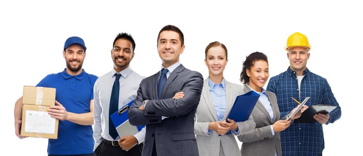 Foto grupo de empleados de oficina y trabajadores manuales