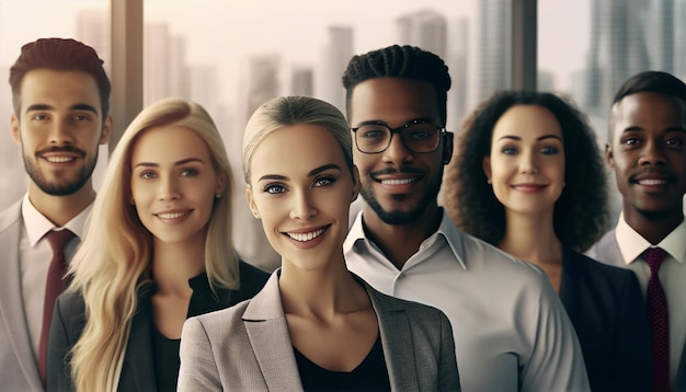 Un grupo empresarial diverso sonríe Personas de pie en una oficina con vista a la ciudad sonriendo y mirando a la cámara después de completar el trabajo IA generativa