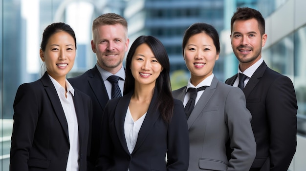 Un grupo de empresarios de diversas nacionalidades posando alegremente en la plaza