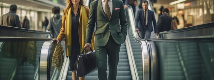Grupo de empresarios diversos que se mueven en una escalera mecánica en una oficina moderna