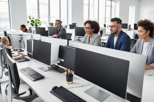 Grupo de empresarios diversos que trabajan en computadoras mientras están sentados en filas de escritorios en una oficina luminosa