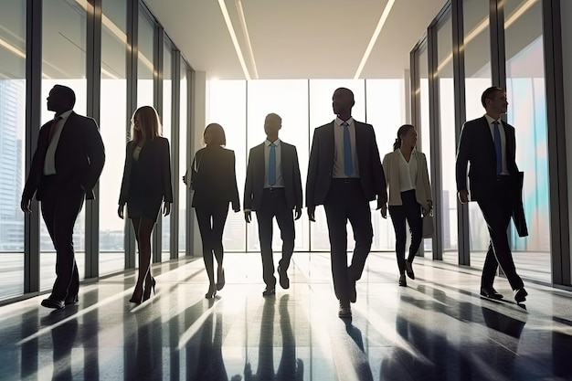 Un grupo de empresarios y empresarias profesionales caminando dentro de la oficina contra la luz
