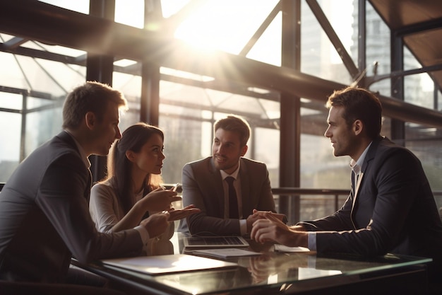 Un grupo de empresarios está sentado en una mesa y hablando.