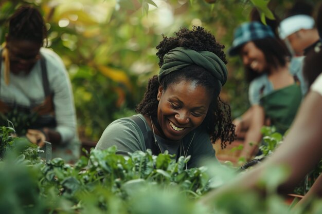 Un grupo de empresarios felizmente plantando y cuidando un jardín comunitario criando plantas y disfrutando del aire libre