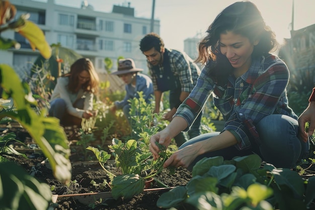 Un grupo de empresarios felizmente plantando y cuidando un jardín comunitario criando plantas y disfrutando del aire libre