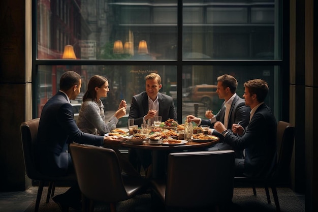 Un grupo de empresarios sentados en una mesa comiendo.