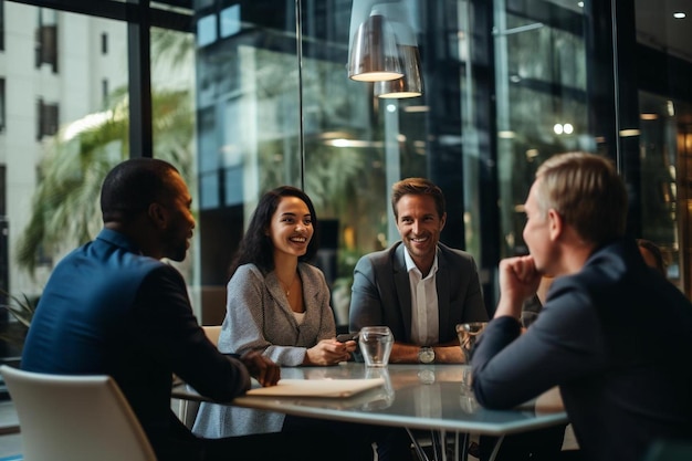 Grupo de empresarios sentados en una mesa y hablando.