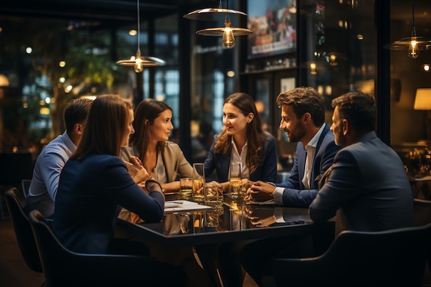 Grupo de empresarios sentados en una mesa en un restaurante, con un cartel que dice "bienvenidos".