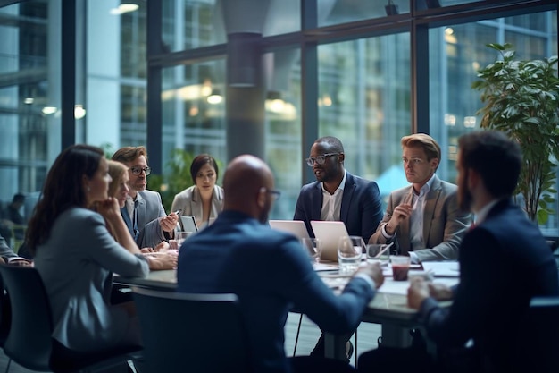 Un grupo de empresarios se sienta alrededor de una mesa en una sala de conferencias.