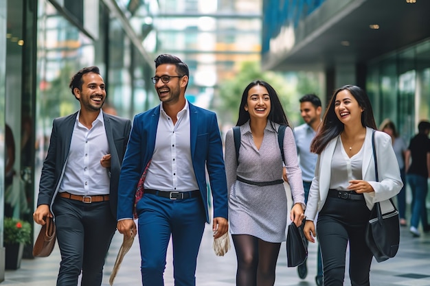 un grupo de empresarios sonriendo caminando