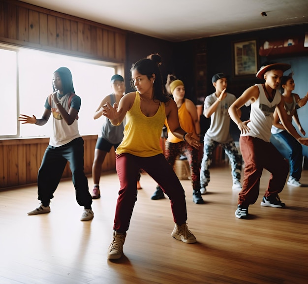 Foto grupo de enérgicos bailarines de hiphop enfocados en entrenar mientras se reúnen en un baile espacioso