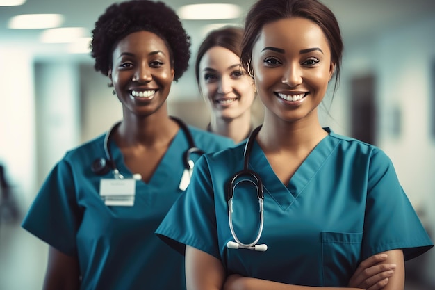 Un grupo de enfermeras diversas paradas una al lado de la otra en un hospital.