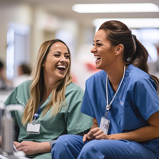 Grupo de enfermeras sonriendo mientras se mueven por un corredor del hospital