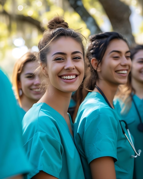 Foto grupo de enfermeras sonrientes se fregan