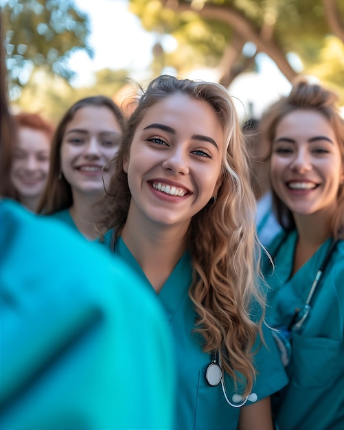 El grupo de enfermeras sonrientes se limpia.