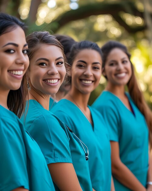 El grupo de enfermeras sonrientes se limpia.