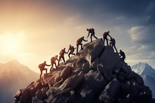 Grupo de escaladores escalando la cima de la montaña Trabajo en equipo y concepto de liderazgo Grupo de personas en la cima de la montaña ayudando a trabajar en equipo AI generado