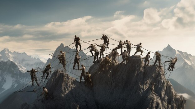 Grupo de escaladores en una montaña con trabajo en equipo de cuerda IA generativa