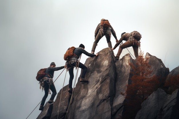 Grupo de escaladores subiendo a la cima de una montaña en la niebla Escaladores ayudando a otro escalador a subir Vista posterior Sin caras visibles AI generada