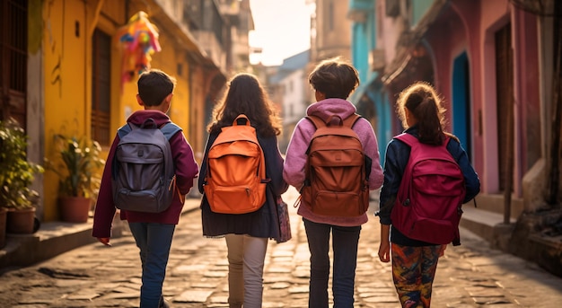 Grupo de escolares diversos caminando juntos en la calle urbana con mochilas IA generativa