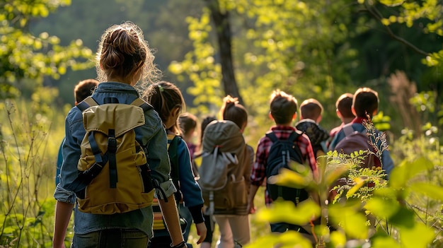 Grupo de escolares con el maestro en una excursión a la naturaleza