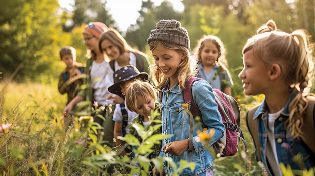 Grupo de escolares con el maestro en una excursión a la naturaleza