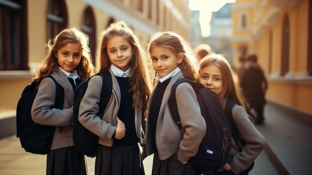 Foto grupo de escolares con mochilas en la calle de vuelta a la escuela