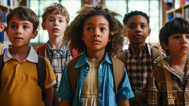 Un grupo de escolares con mochilas miran con ojos inquisitivos encarnando la anticipación de una nueva aventura