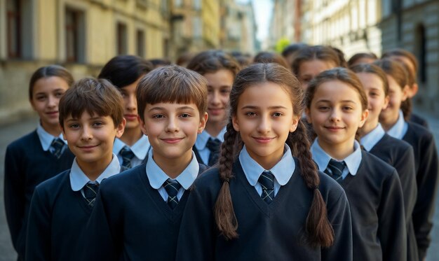 Foto grupo de escolares en uniforme para un experimento