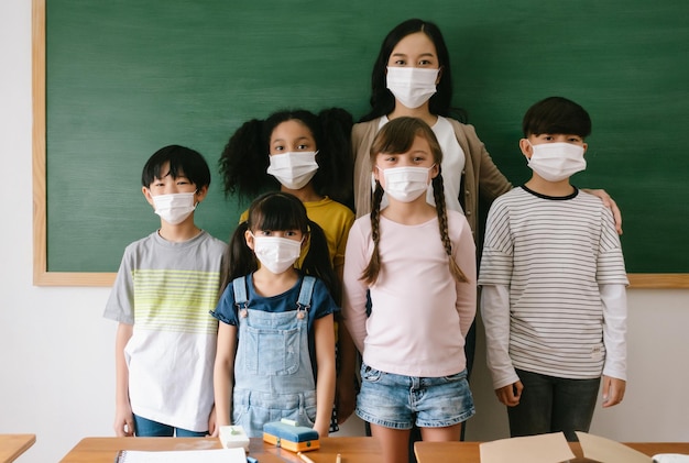 Grupo de escuela de niños diversos y profesora de pie frente al panel en el aula