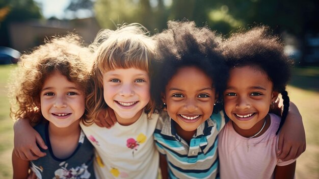 Un grupo de escuela primaria de niños sonrientes al aire libre