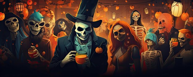 Grupo de esqueletos de personas en el tiempo de Halloween en fondo oscuro