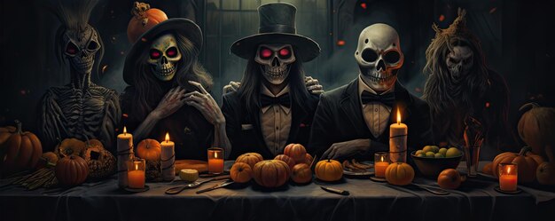 Grupo de esqueletos de personas en el tiempo de Halloween en fondo oscuro