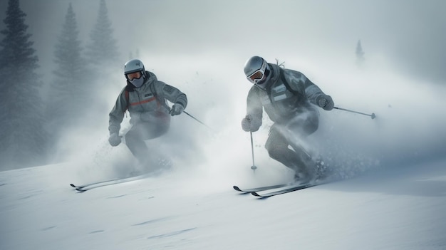 Grupo de esquiadores atletas compiten bajando de la montaña de esquí Recreación activa deportes de invierno AI