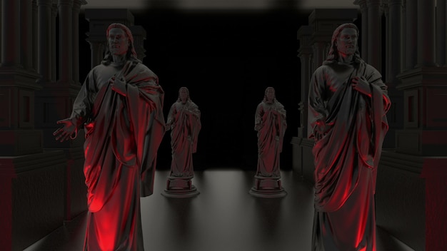 Un grupo de estatuas con luces rojas encendidas al fondo.