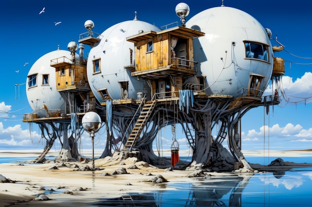 Grupo de estructuras de aspecto extraño en la playa con el cielo azul de fondo IA generativa