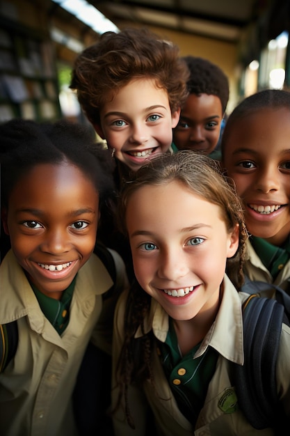 Grupo de estudiantes de 10 años vistiendo uniforme en el aula con un momento feliz