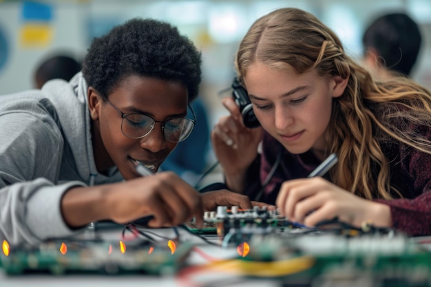 Grupo de estudiantes adolescentes diversos aprendiendo juntos a construir circuitos electrónicos en una escuela secundaria de Asia