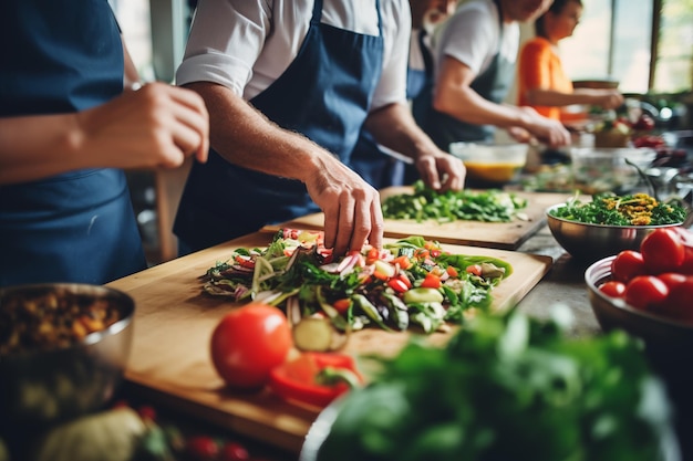 Un grupo de estudiantes adultos hombres y mujeres en un curso de cocina saludable cocinando comida con verduras