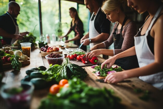 Un grupo de estudiantes adultos hombres y mujeres en un curso de cocina saludable cocinando comida con verduras