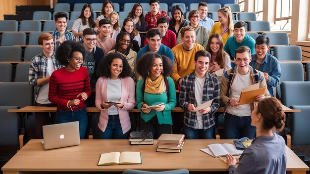 Foto el grupo de estudiantes alegres y felices sentados en una sala de conferencias antes de la lección