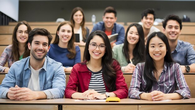 Foto el grupo de estudiantes alegres sentados en una sala de conferencias antes de la lección