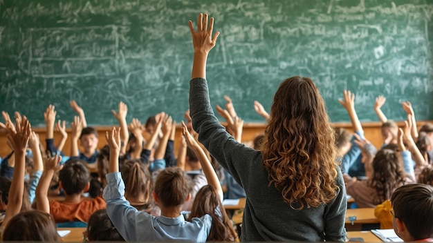 un grupo de estudiantes con los brazos levantados frente a una pizarra con las palabras no en ella
