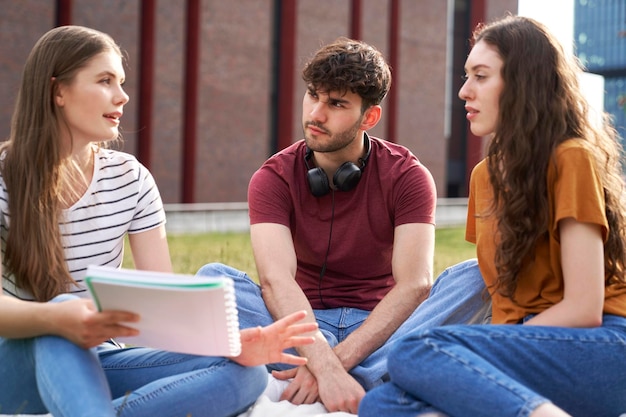 Grupo de estudiantes caucásicos que estudian fuera del campus universitario